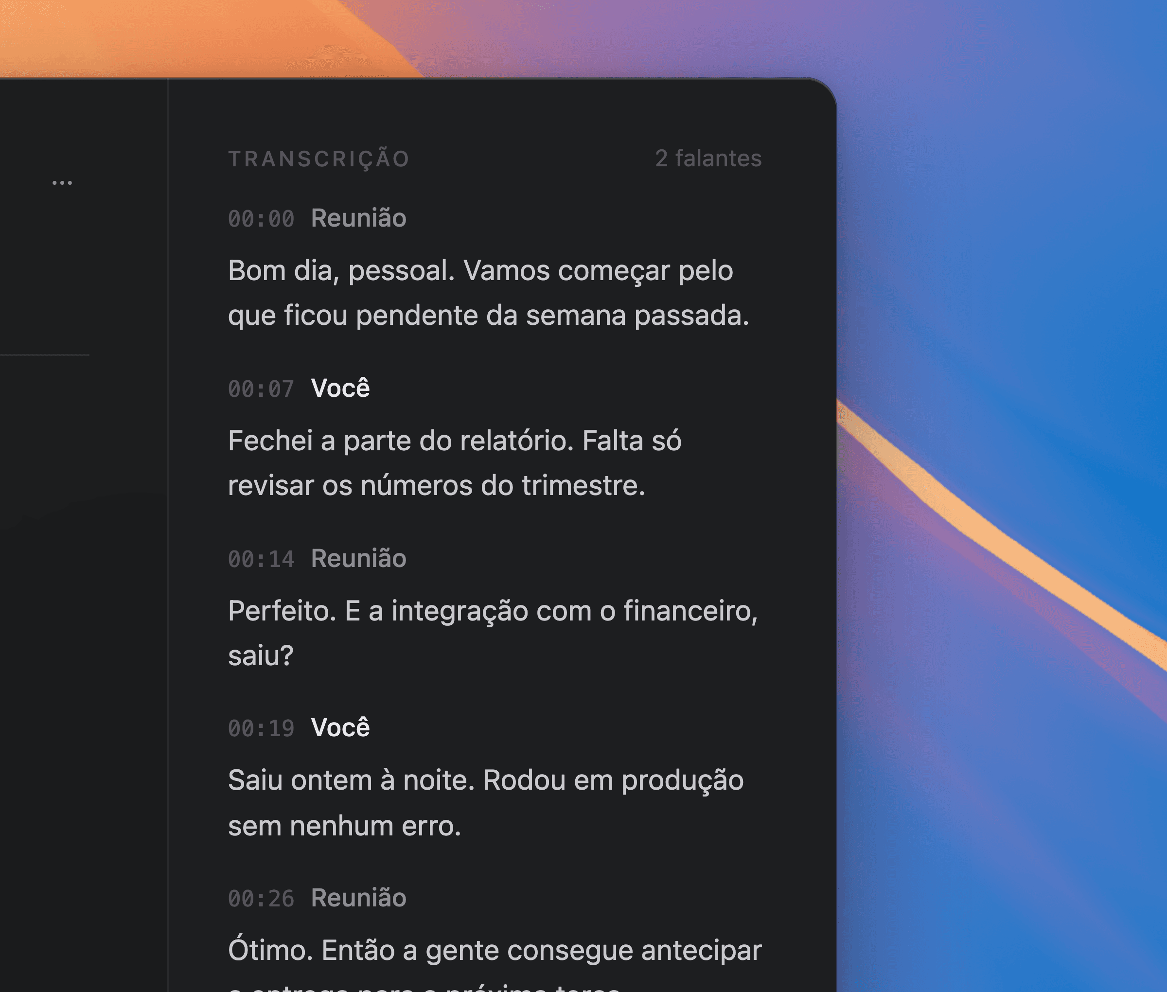 Linha do tempo da transcrição ao vivo